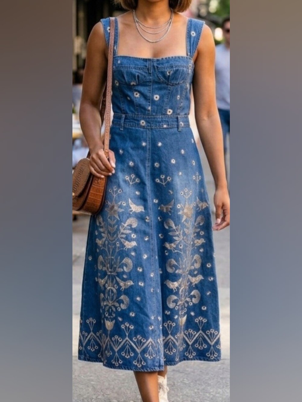 Blue Embroidered Denim Midi Dress